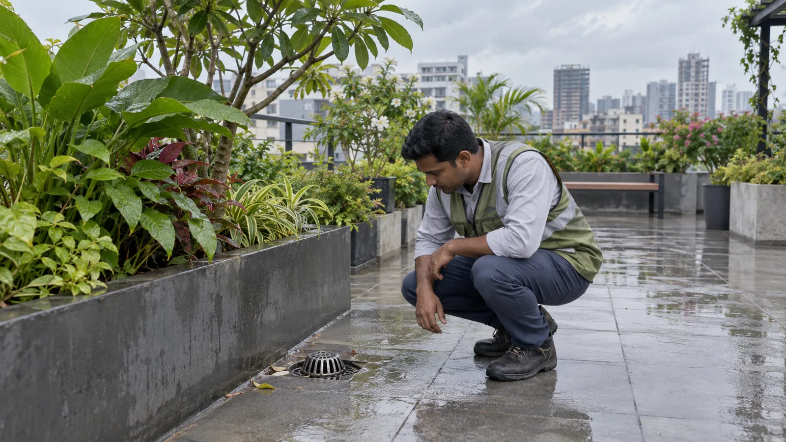 Professional inspecting rooftop garden drain in Dhaka