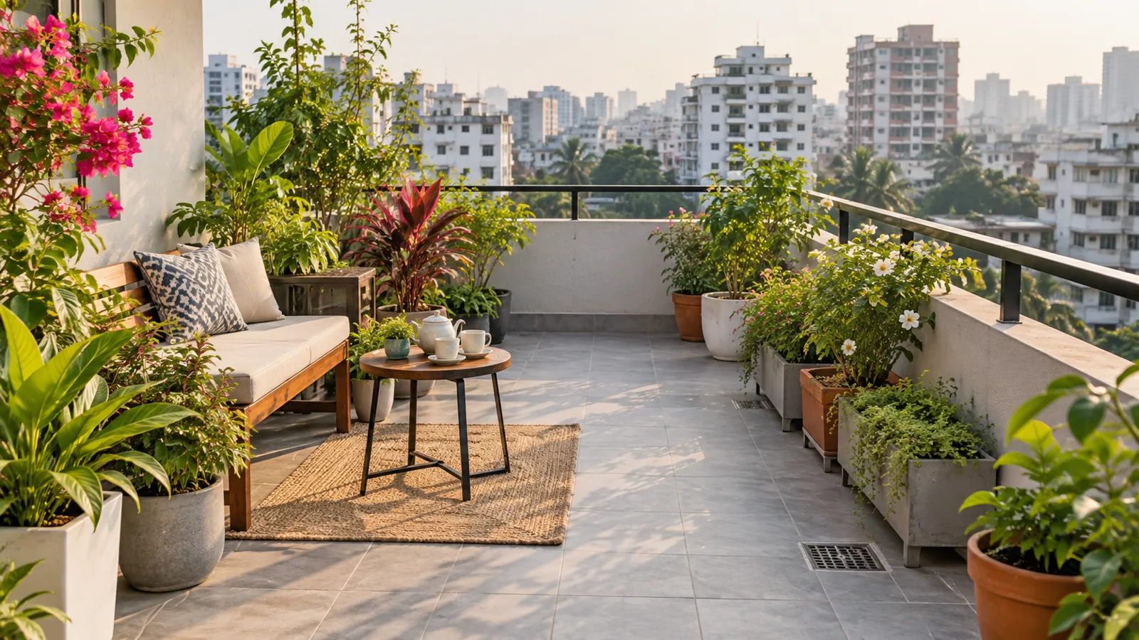 Compact rooftop garden with planters and seating in Dhaka
