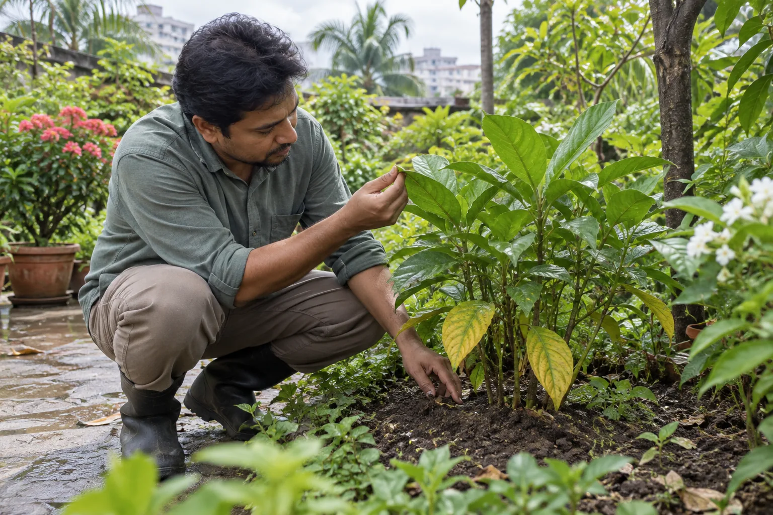 Gardener checking a plant with yellow leaves in Dhaka